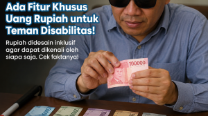 Uang kertas Rupiah Indonesia dengan kode tunanetra berupa garis timbul di sisi uang.